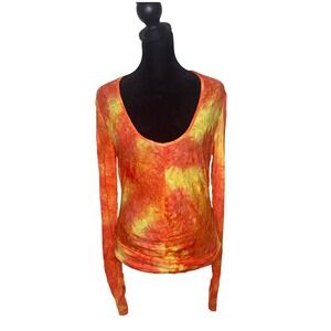 Kenar Orange Yellow Tie Dye Sheer Mesh Crinkle Top Y2K Grunge BOHO Hippie Size S